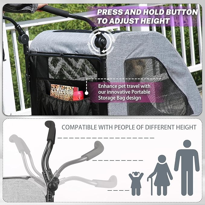 EchoSmile XL Extra Large Dog Stroller - Adjustable Handles,Lightweight Folding Pet Stroller,All-Terrain 4 Wheel for 2 Medium Dogs,Dual Entry Safety Dog Stroller,Capacity 160 lbs,Gray