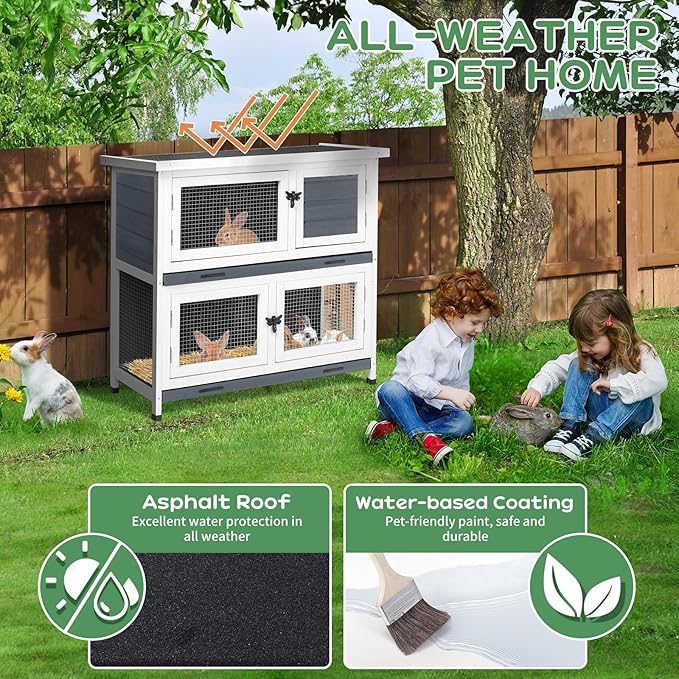 2 Story Solid Wood Rabbit/Bunny Hutch with 2 Large Main Rooms, Indoor Outdoor Rabbit House Guinea Pig Cage Pet House for Small Animals with Ventilation Door Removable Tray Waterproof Roof (Grey)