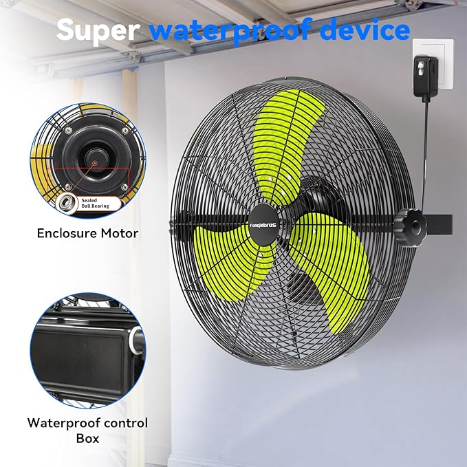 2600 CFM 14 inch Outdoor High Velocity Wall Mounted Fan, 3-Speed Metal Fans with IP44 Enclosure Motor, Industrial Grade Weatherproof Wall Fan for Patio, Greenhouse, Garage, and Gazebo