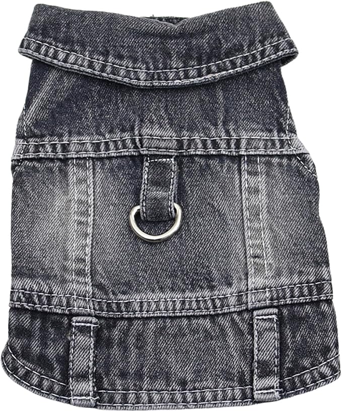 Puppy Clothes for Small Dogs Boy,Classic Western Denim Dog Coat,Dog Jeans Jacket with Leash D-Ring,Pet Cat Costumes,Cooling Harness Vest for Walking (Black, X-Large)