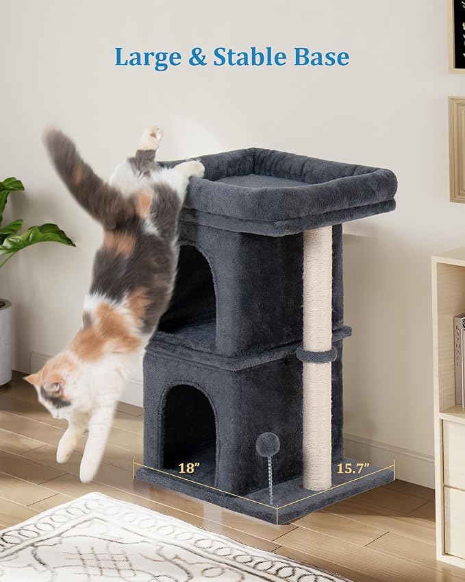24in Cat Tree Tower with Scratching Post, 19 * 16.5in Window Perch for Large Cats, 2 Cat Condo Cubbies for Indoor Kittens, Dark Gray