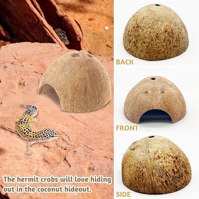 PINVNBY 2 PCS Natural Coconut Reptile Hideouts Lizard Coco Hut Hermit Crab Hut Aquarium Fish Hide Cave Spider Snail Climber Toys