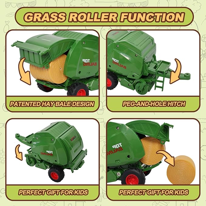 Farm Tractor Toys Set Bale Haying Round Baler with Barn Farmer,Cow,Farm Tools,Tree Farm Tractor Pla yset for Kids Toddler Boys Girls Ages 3-7 Years