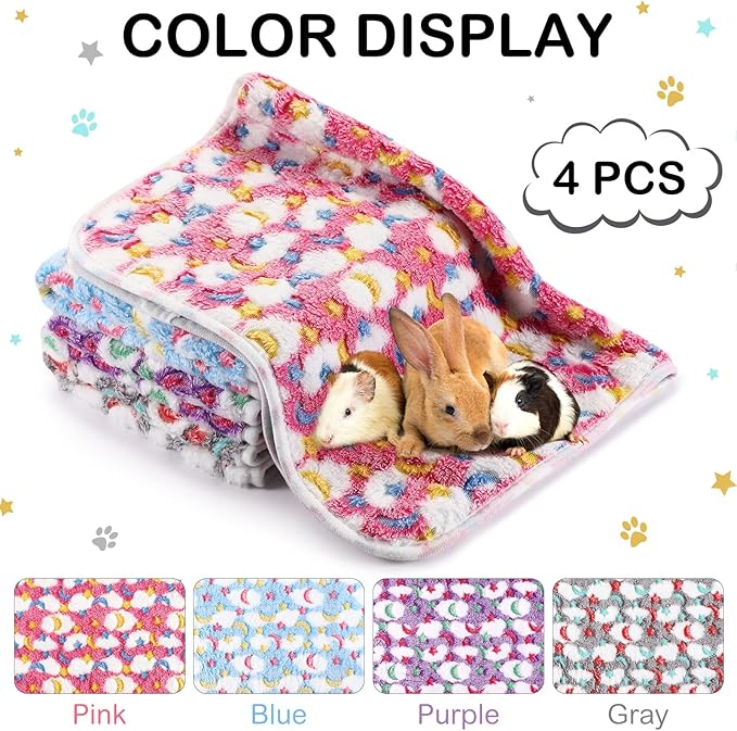 4 Pcs Waterproof Guinea Pig Blankets Washable Small Animal Fleece Bedding Absorbent Guinea Pig Cage Liners Reusable Pet Pee Pad Sleep Mat Pad Cover for Hamster Ferret (Moon Star Pattern,12 x 12 Inch)