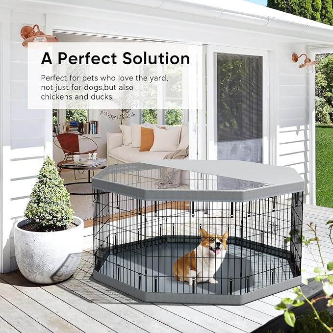 PJYuCien Dog Playpen, 8 Panels 30”H Dog Playpen Indoor with Grey Bottom Pad and Top Cover, Metal Foldable Dog Pen for Indoor Use, Better for Small Medium Animals, Grey