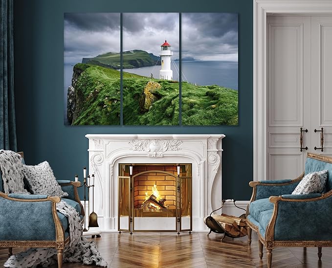Nature Wall Art Prints - Ocean Forest Mountain Lake Canvas Landscapes - Small to Extra Large Living Room Bedroom Kitchen Bathroom Décor (Stormy Sky Lighthouse, 47L" x 71W" - 3 panels)