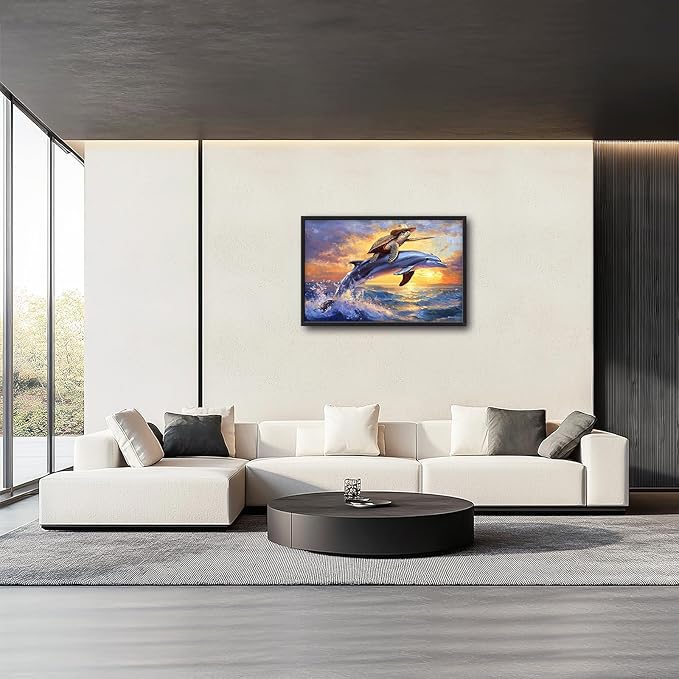 Large Funny Sea Turtle Wall Art for Living Room, Framed Oversized Ocean Dolphin Wall Decor Sunset Nautical Canvas Painting Modern Artwork Home Decoration for Bedroom Office 36"x24"