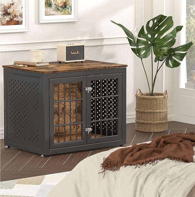 32" Heavy Duty Dog Crate Furniture for Small and Medium Dogs, Metal Kennel for High Anxiety Dogs, Chew Proof Pet Cage Indoor, Decorative Dog Kennel End Table