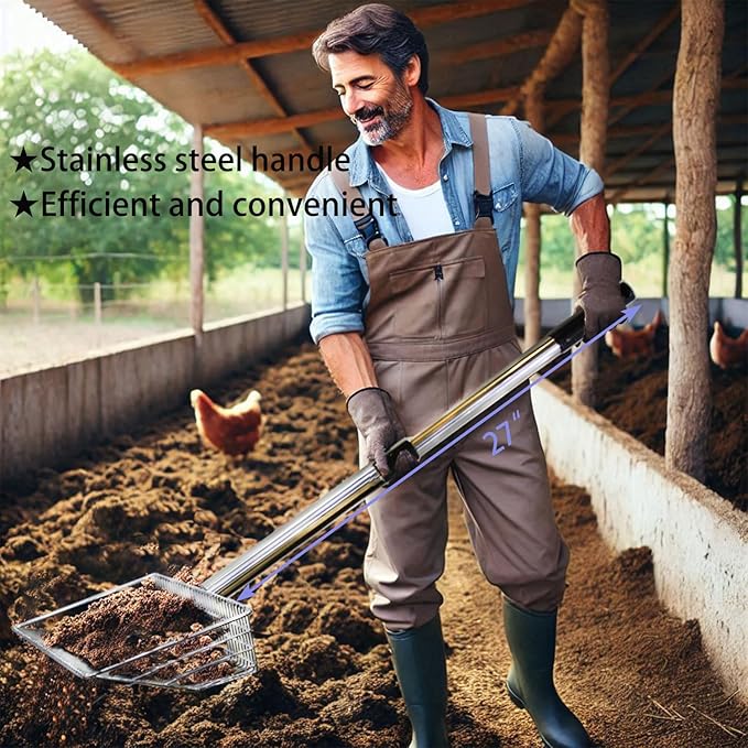 10inch Metal Chicken Poop Scooper with 54-Inch Long Handle for Coop Cleaning