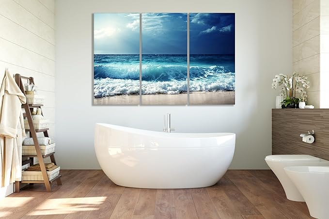 Nature Wall Art Prints - Ocean Forest Mountain Lake Canvas Landscapes - Small to Extra Large Living Room Bedroom Kitchen Bathroom Décor (Summer Ocean Beach, 39L" x 59W" - 3 Panels)