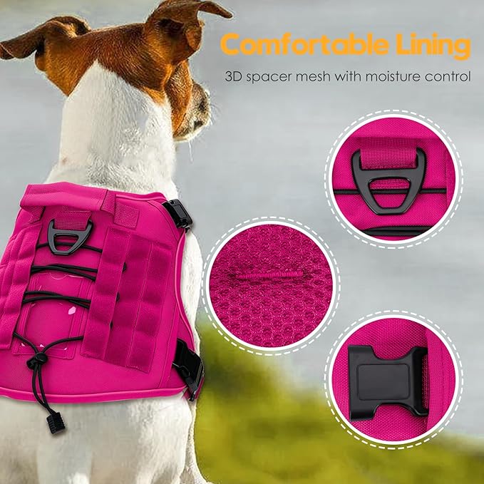 Heavy-Duty Tactical Dog Harness for Large Dogs, No Pull Adjustable Reflective Pet Vest with Molle System, K9 Military-Grade Control for Service Training, Outdoor & 10+ Breeds, Hot Pink, XX-Large