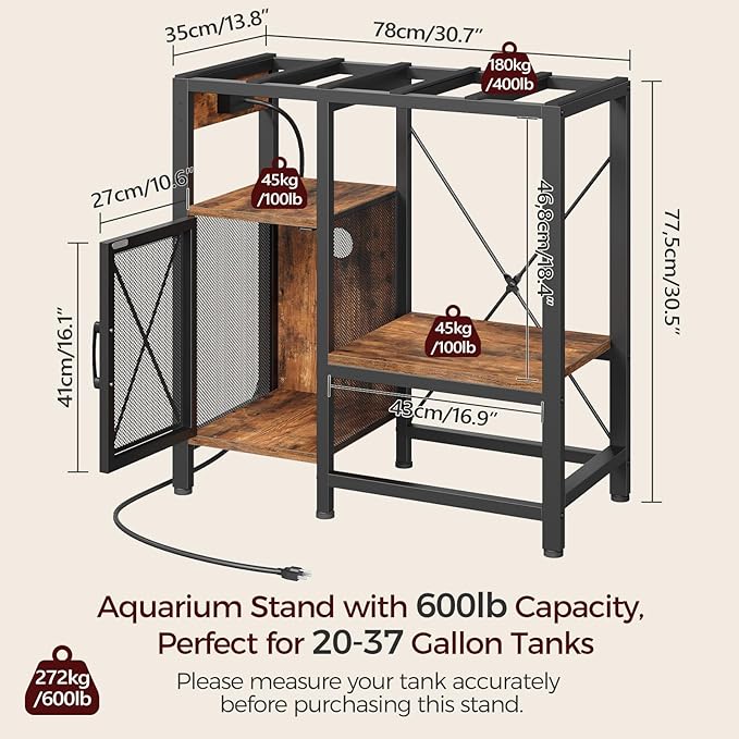 20-37 Gallon Fish Tank Stand, Aquarium Stand with Power Outlet and Storage Cabinet, Heavy Duty Tank Stand Suitable for Turtle Tank, Reptile Terrarium, for Home Office, Rustic Brown FTHR40E01