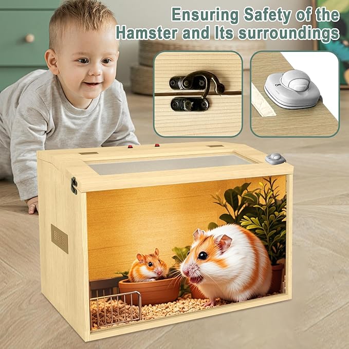 24" Hamster Cage, Top Opening Lockable Roof Door Gerbil Cage, Dwarf Hamster Cage with Hygrometer, Mice and Small Animal Habitat, Chewproof Syrian Hamster Enclosure, (Wooden, 24" L x 16" W x 16" H)