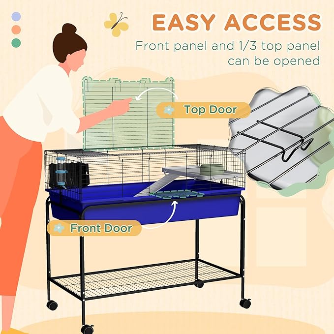 PawHut Two-Story Small Animal Cage Removable from Stand, Guinea Pig Cage with Shelf & Wheels, Pet Habitat for Hedgehog, Chinchilla, Ferret, 39" x 20.5" x 36.5", Blue