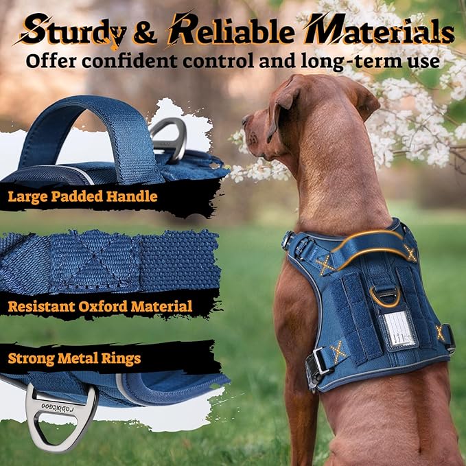 rabbitgoo Dog Harness for Large Dogs No Pull, Tactical Service Pet Vest with Molle and Control Handle, Adjustable and Reflective Military Harness for Easy Walking and Training, Blue, L