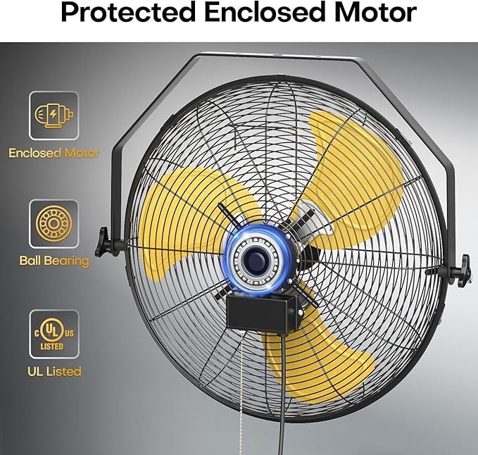 20 Inch Industrial Wall Mount Fan, 5200 CFM Industrial Metal Wall Fans with Poweful Motor, 3 Speed, Heavy Duty Construction Indoor for Warehouse, Workshops, and Garage, UL Listed