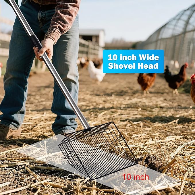 10inch Large Metal Chicken Poop Scooper,32 to 67" Adjustable Long Chicken Coop Litter Scoop,Heavy Duty Sifting Shovel for Chicken Coop & Pet Waste Cleaning