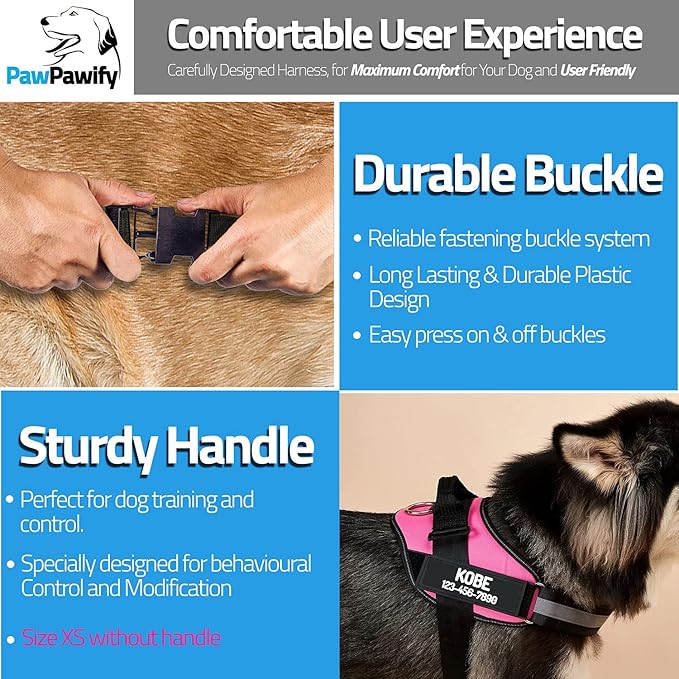 PawPawify Custom No Pull Dog Harness with Name and Phone Number, Heavy Duty Personalized Pet Vest to Prevent Tugging, Pulling, or Choking, Training and Walking (Black, XXL (85-140 LBS))