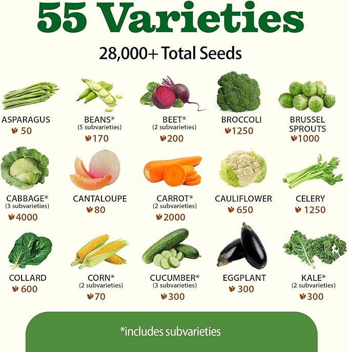 HOME GROWN 𝗨𝗦𝗔 𝗣𝗥𝗘𝗠𝗜𝗨𝗠 55 Vegetable Seeds Pack 28,000+ Non-GMO Heirloom Seeds for Planting, Spring Fall Winter Garden Kit, Survival Seed Vault for Preppers & Gardeners, Gift for Men & Women