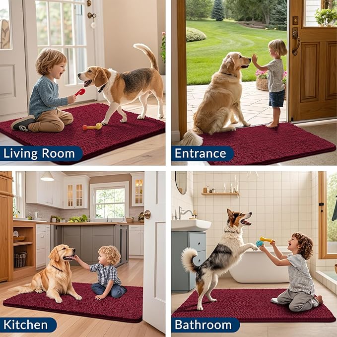 Smiry Dog Door Mat for Muddy Paws 47x24, Absorbs Moisture and Dirt Doormat, Non-Slip Washable Quick Dry Chenille Front Door Mat Indoor Entrance, Entryway Carpet for Inside Floor, Burgundy