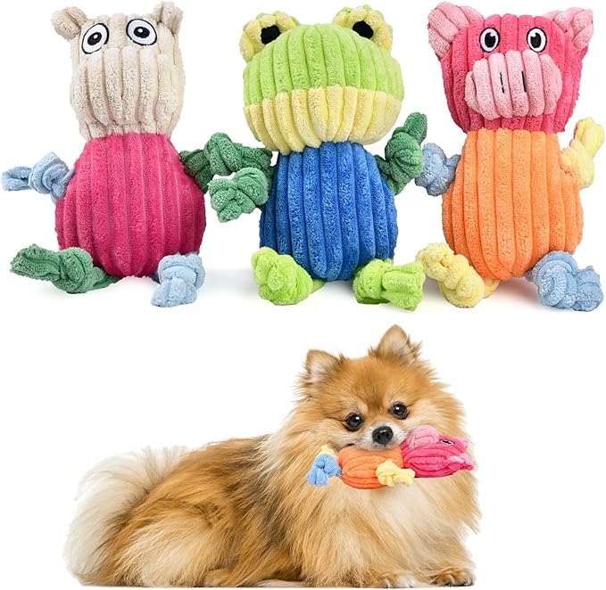 3pcs Dog Squeaky Toys, Plush Stuffed Puppy Chew Toy for Extended Play, Interactive Toys Great Gifts for Small Medium Large Chewer Dogs, Pet Toy Bulk to Keep Them Busy(Forg&Hippo&Pig)