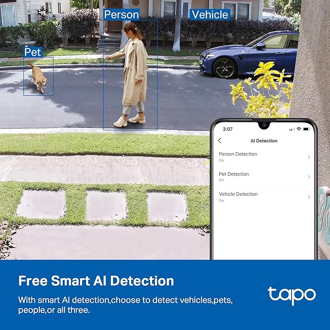 Tapo by TP-Link 2K QHD Security Camera Indoor/Outdoor, Color Night Vision, Free Person/Pet/Vehicle Detection, Baby Monitor, Local/Cloud Storage, IP66, Dual-Spotlight, Black(C121)