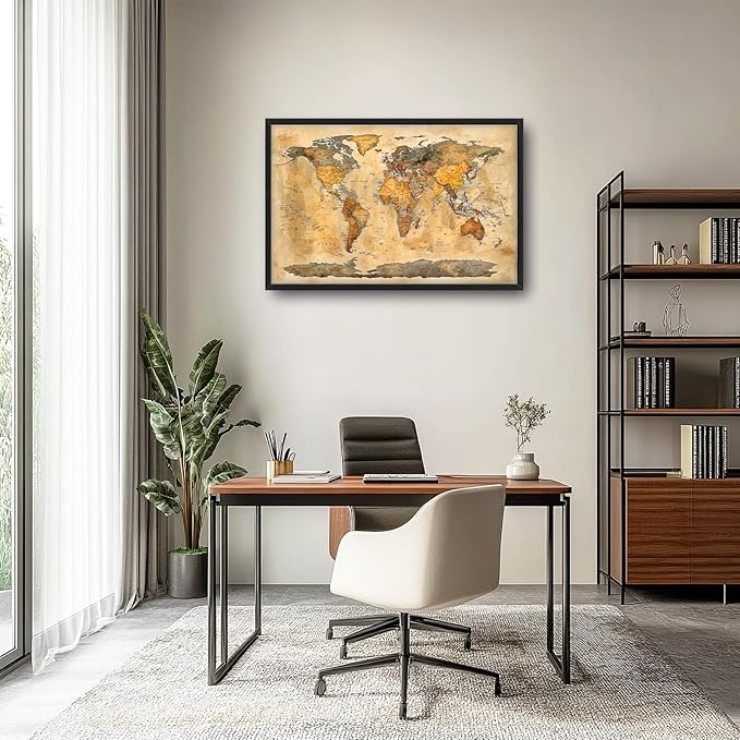 Extra Large World Map Framed Wall Art for Living Room,Oversized Vintage Map of The World Pictures Wall Decor,Canvas Print Painting Modern Artwork Bedroom Office Bathroom 36L" x 24W"