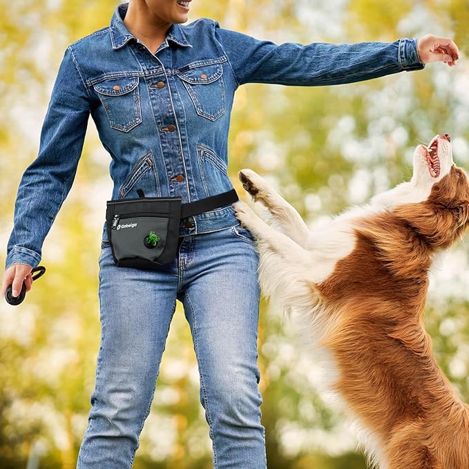 Gobeigo Dog Treat Pouch and Training Clicker, Upgrade Two Magnetic Closure to Prevent Spills, 2 Cup Treat Bag with Poop Bag Dispenser, Metal Clip Waist Belt Fanny Pack for Pet Walking (Black/Gray)