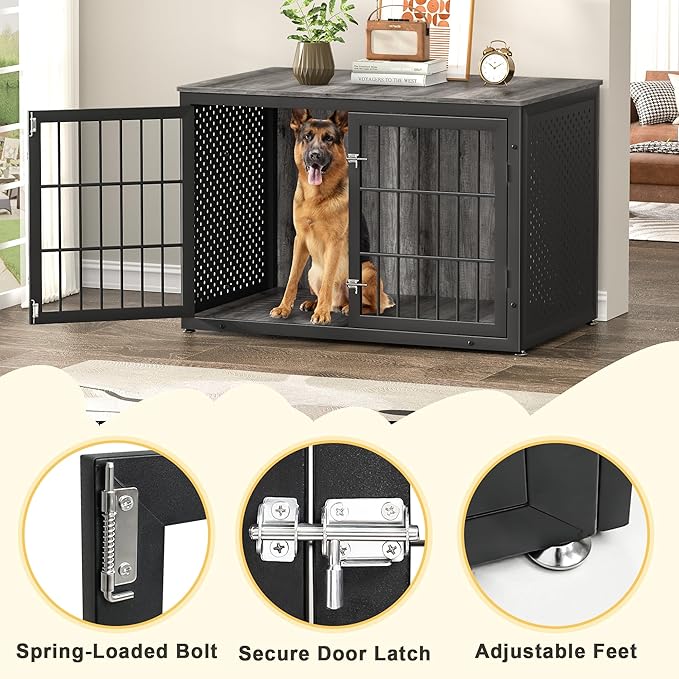 48" Heavy Duty Dog Crate Furniture for Extra Large Dogs, Metal Cage for High Anxiety Dogs, Wooden Kennel Furniture Indoor, Decorative Dog Kennel End Table, XL