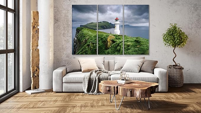 Nature Wall Art Prints - Ocean Forest Mountain Lake Canvas Landscapes - Small to Extra Large Living Room Bedroom Kitchen Bathroom Décor (Stormy Sky Lighthouse, 35L" x 53W" - 3 Panels)