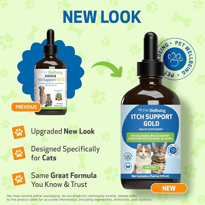 Pet Wellbeing Itch Support Gold for Cats - Occasional Itching, Scratching, and Hot Spots, Environmental and Seasonal Allergies, Dong Quai - Veterinarian-Formulated Herbal Supplement 4 oz (118 ml)