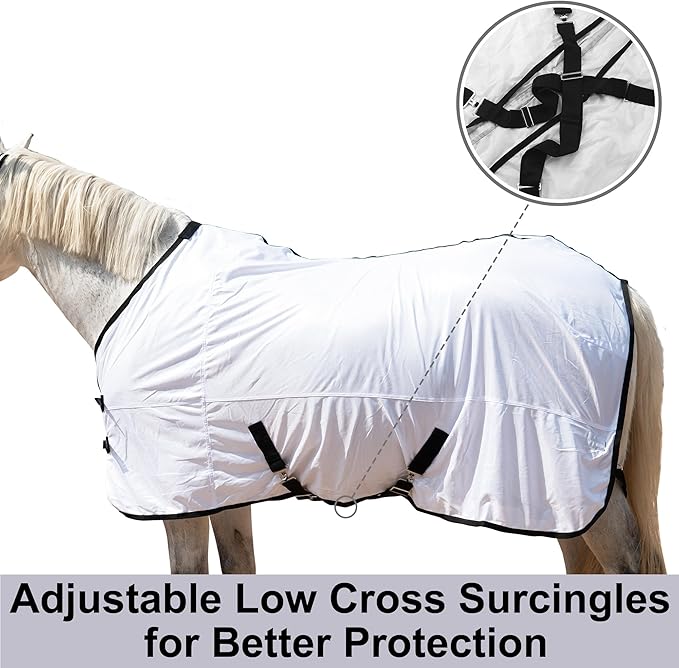 Horse Fly Sheet Equine Summer Sheets, Comfy Mesh Bug and Mosquito Protection Standard Neck - White 78"