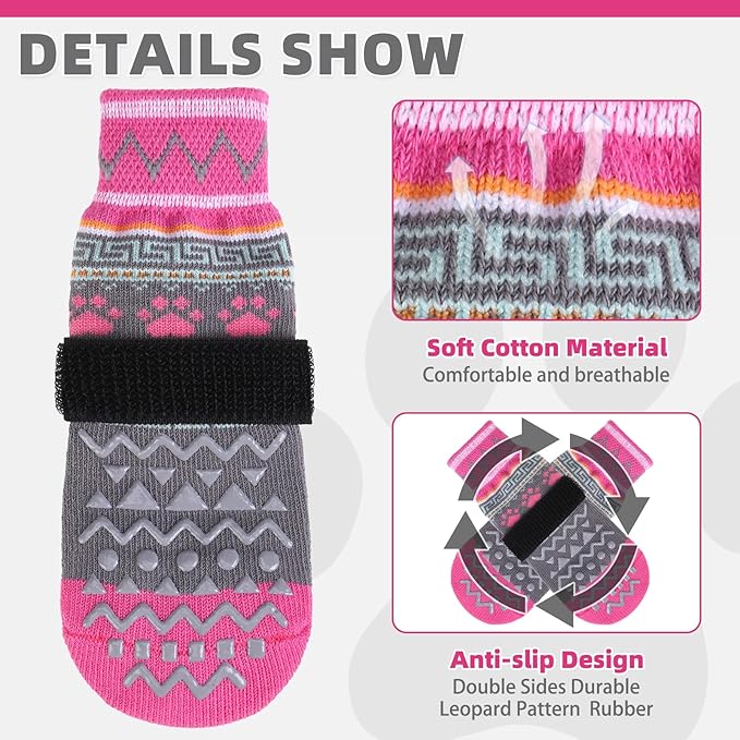 KOOLTAIL Dog Socks to Prevent Licking Paws for Hardwood Floors Anti Slip, Winter Warm Pet Boots&Paw Protector with Grippers, Double Sides Dog Shoes Booties for Small Medium Large Senior Dogs Pink L
