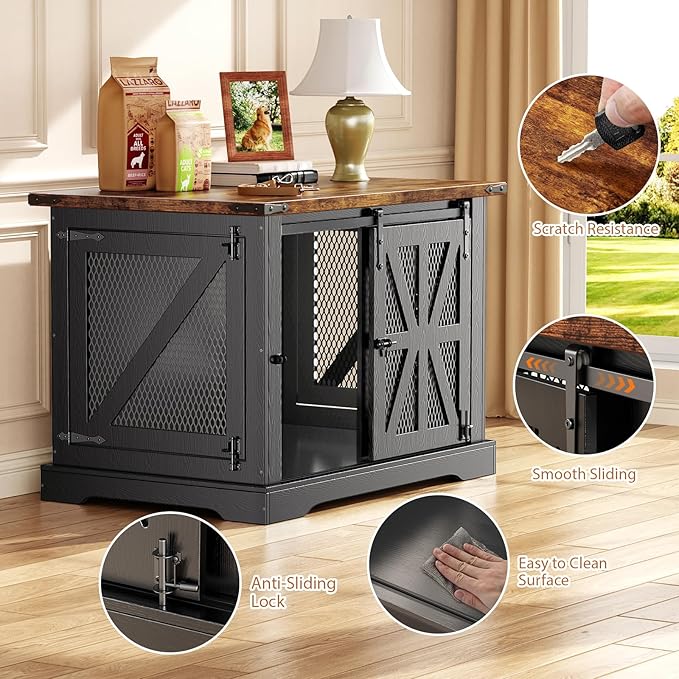 VOPEAK 40" Farmhouse Dog Crate Furniture, Heavy Duty Dog Cage for Medium Large Dogs, Dog Crate Dog Kennel Indoor with Double Doors, Chew Resistant End Table for Bedroom Living Room, Black