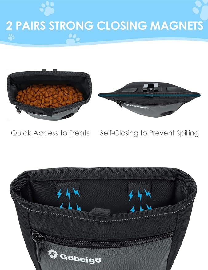 Gobeigo Dog Treat Pouch and Training Clicker, Upgrade Two Magnetic Closure to Prevent Spills, 2 Cup Treat Bag with Poop Bag Dispenser, Metal Clip Waist Belt Fanny Pack for Pet Walking (Black/Gray)
