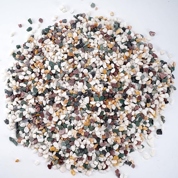 Natural Decorative Pebbles Rocks Polished Tterrarium Gravel White Stones with Red, Green, and Yellow Pastel Accents Mixed Color Aquarium Stones Garden Accessories Top Dressing for Bonsai Potted 2.2lbs