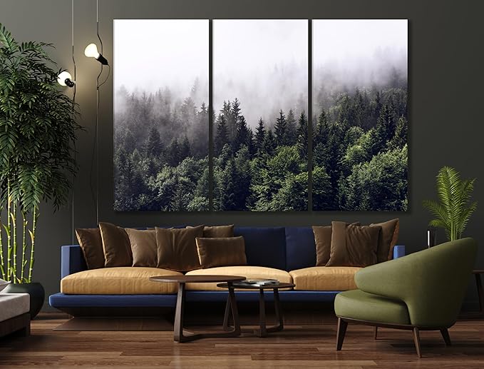 Nature Wall Art Prints - Ocean Forest Mountain Lake Canvas Landscapes - Small to Extra Large Living Room Bedroom Kitchen Bathroom Décor (Foggy Pine Forest, 35L" x 53W" - 3 Panels)