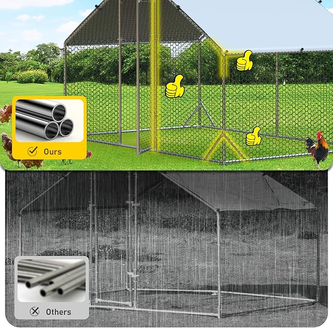 4ever2buy Large Metal Chicken Coop with Run Walk-in Poultry Cage Chicken Runs House Pen Cage Spire Roofed Chicken Coops with Anti-Ultraviolet Cover for Outdoor Backyard Farm Use 9.8’L x 6.6’W x 6.4’H