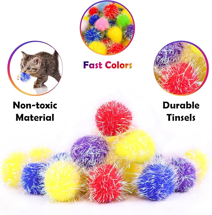30 Pieces 1.6 inches Sparkle Pom Pom Balls for Cat - Interactive Glitter Balls, Multicolor, Best as Kitten Play Toys
