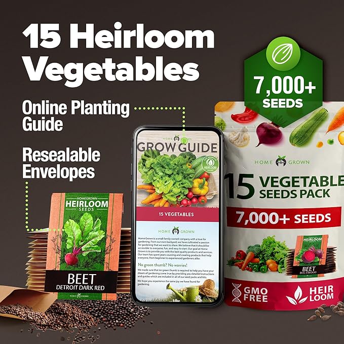 HOME GROWN 𝗨𝗦𝗔 𝗣𝗥𝗘𝗠𝗜𝗨𝗠 15 Heirloom Vegetable Seeds 7,000+ 𝗡𝗢𝗡-𝗚𝗠𝗢 Seeds for Planting, Survival Garden Pack for Preppers, Emergency Bugout Gear, Indoor Outdoor Vegetable Gardening Kit