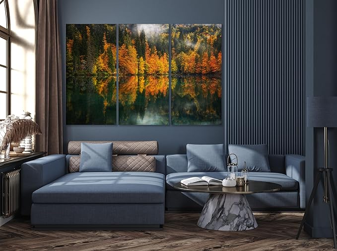 Nature Wall Art Prints - Ocean Forest Mountain Lake Canvas Landscapes - Small to Extra Large Living Room Bedroom Kitchen Bathroom Décor (Autumn by the Lake, 31L" x 47W" - 3 Panels)