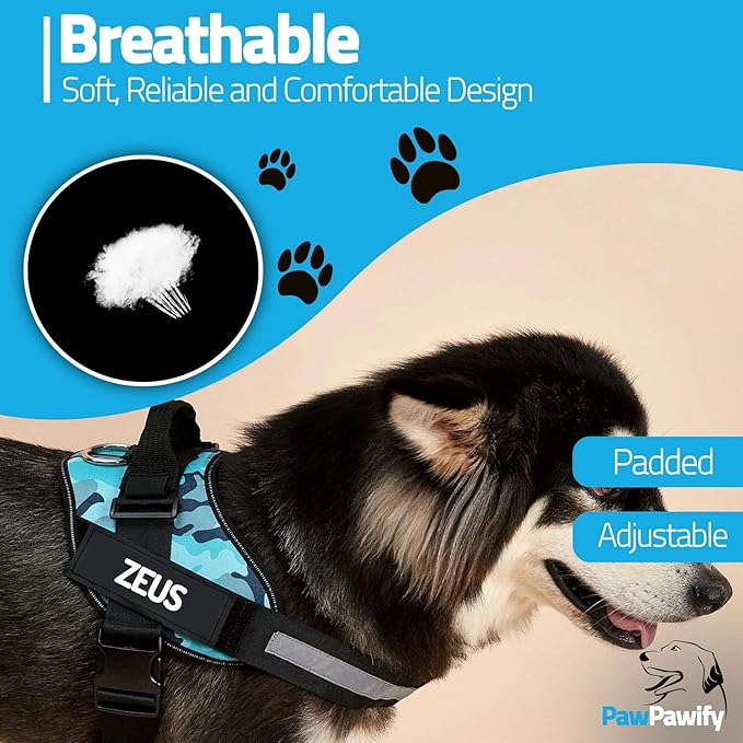 PawPawify Custom No Pull Dog Harness with Name and Phone Number, Heavy Duty Personalized Pet Vest to Prevent Tugging, Pulling, or Choking, Training and Walking (Camouflage Blue, M (20-40 LBS))