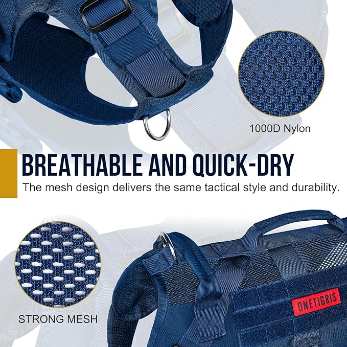 OneTigris Tactical Dog Harness for Small Medium Large Dogs, Mesh Design Service Dog Vest Breathable Military Dogs Molle Vests with Handles, Harness for Walking Hiking Training (Blue, L)