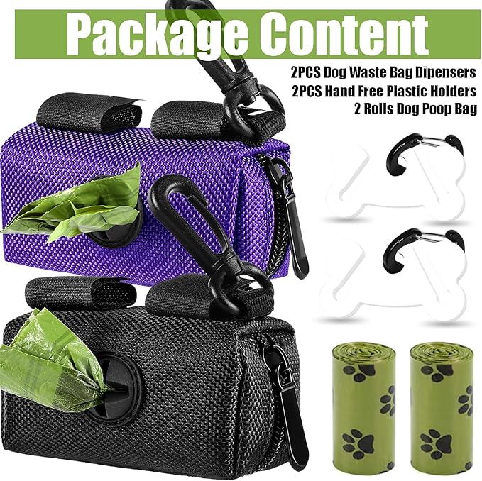 2Packs Dog Waste Bag Dispenser Pet Poop Bags Holder for Doggie Waste Bags Dispensers Soft Fabric Zipper Small Doggy Puppy Pouch for Leash Accessory Attachment with Carrier (Black & Purple)