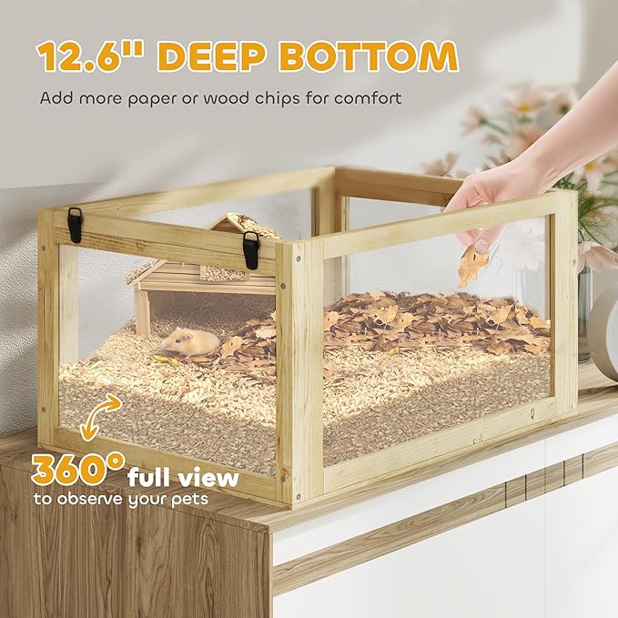 PawHut Wooden Hamster Cage, 3 Tier Small Animal Cage with Detachable 12.6" Deep Bottom, Hut, Seesaw, Exercise Wheel, Ramps, Hamster Habitat for Dwarf, Gerbil, 24" x 16" x 29.5"