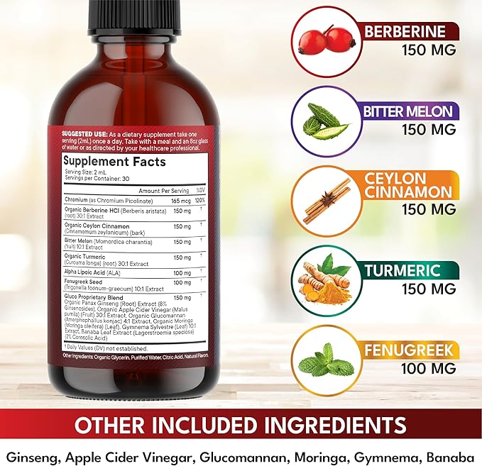 Berberine with Ceylon Cinnamon Supplement Liquid Drops + Bitter Melon Extract, Glucomannan, Gymnema, Chromium, Turmeric, Panax Ginseng, Moringa- 8 OZ