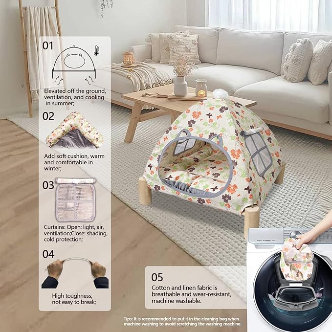 2-in-1 Elevated Cat Tent Cat House, Quick Assembly and Disassembly, Portable Indoor/Outdoor Cute Cat Bed Cave-Butterfly and Flower