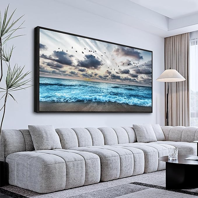Wapluam Large Wall Decoration For Living Room Black Framed Canvas Wall Art For Bedroom Office Wall Decor Black And White Wall Painting Blue Sea Wave Pictures Artwork Modern Hotel Room Home Wall Art
