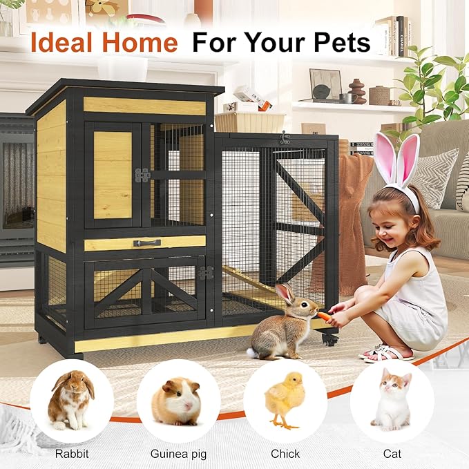 40'' Rabbit Cage Bunny Cage Indoor, Outdoor Rabbit Hutch for Small Animals, 2-Story Wooden Guinea Pig Cages with Wheels & 2 Deeper No Leak Trays, Waterproof Openable Roof & Bottom Wire Mesh