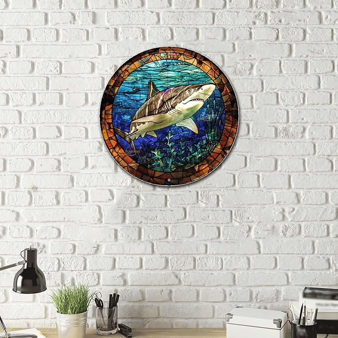Lygond Metal Sign Tin Sign Circular Stained Glass Shark Vintage Decor For Club 12×12 Inches